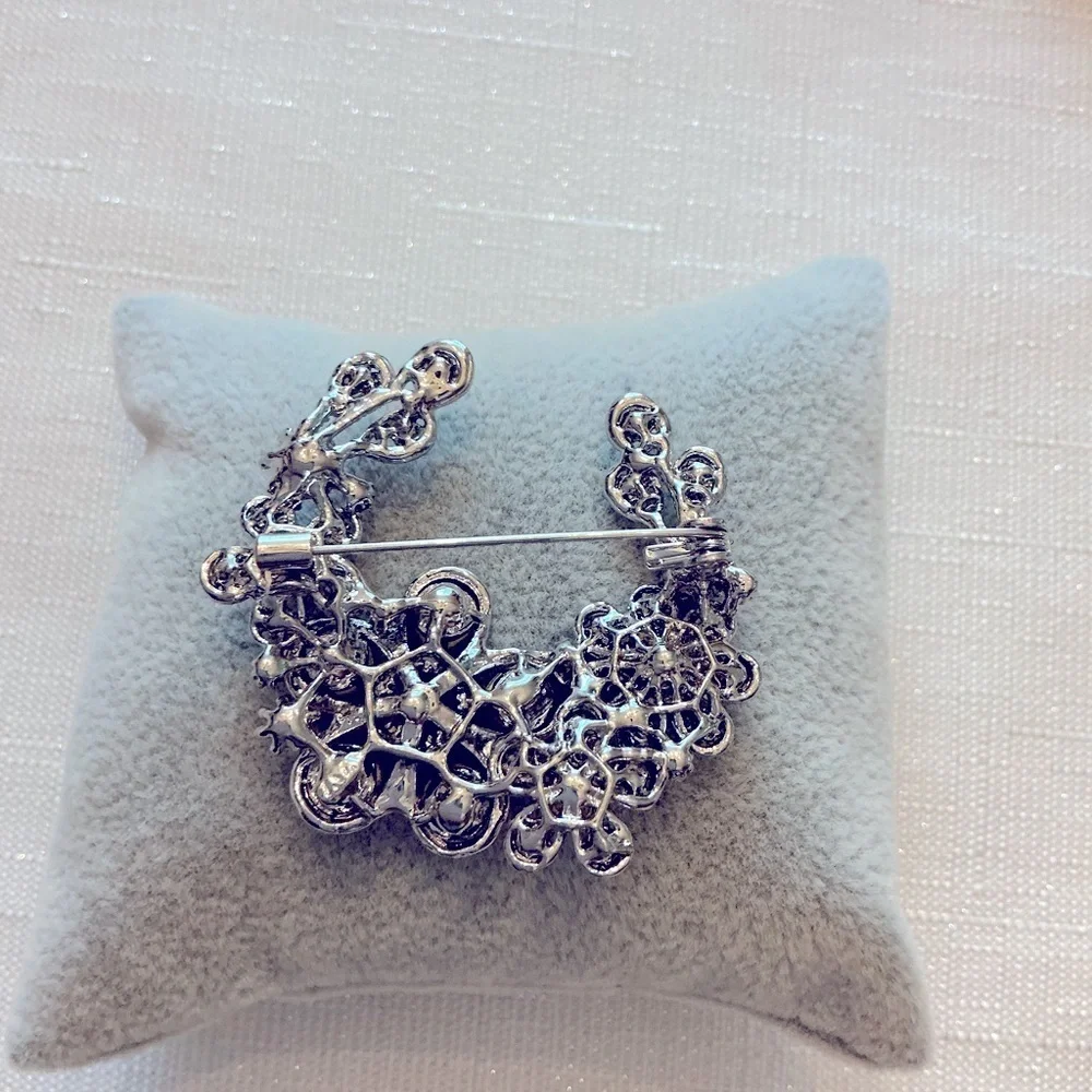 Crescent Floral Silver Tone Brooch